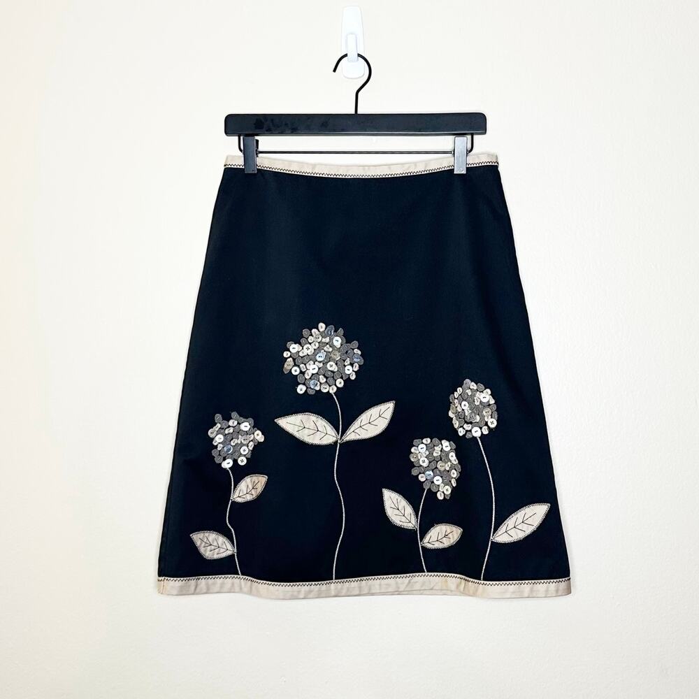 Boden Black A-Line Skirt with Silver Sequin Flower Appliqué